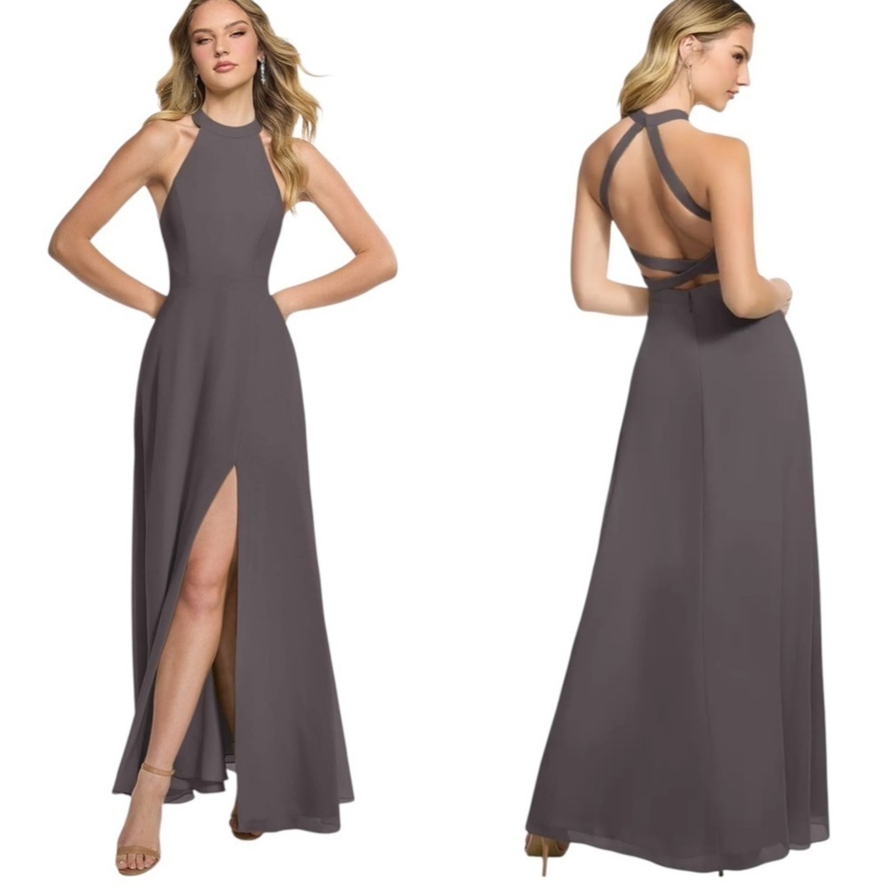 NWT AZAZIE Bridesmaid Clarice Steel Grey Halter Chiffon Dress Open Back Size 2